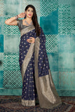 Banarasni|Navy Blue Saree with Grey Blouse