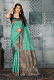 Rajsi Banarasi|Turquoise Saree with Navy Blue Blouse
