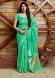Neel Moti|Turquoise Cotton Silk Jacquard Woven Saree with Blouse