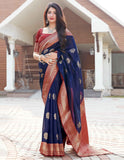 Neel Kamal|Navy Blue Silk Jacquard Woven Saree with Blouse