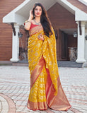 Peet Ragini|Yellow Silk Jacquard Woven Saree with Blouse