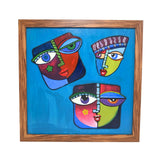 Indha Hand painted Abstract Faces Wall Art | Multicolour Décor with Repurposed Wood Frame & Vegan Leather Back | Artistic Wall Accent Wood Applique