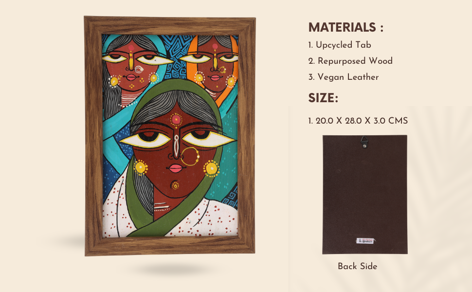 Indha Hand-Painted Abstract Wall Art | Made from Repurposed Tablet & Wood | Sustainable & Framed | Unique Corporate Gift| Three Women Art Acrylic Colours