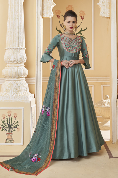 Mrigtrishna|Teal Suit with Print Dupatta