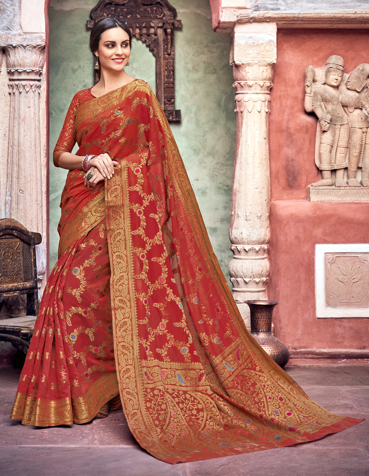 Ruby Rachna|Maroon Jacquard Woven Saree with Blouse