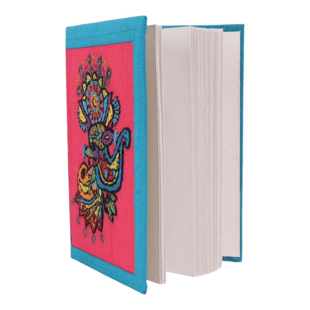 INDHA Handcrafted Recycle Paper diary | Eco Friendly Diary | Gifting | Corporate Gifting| Handmade Diary | Ethnic Art hand Embroidered Diary|Blue- Pink Silk Fabric| Sustainable Gift
