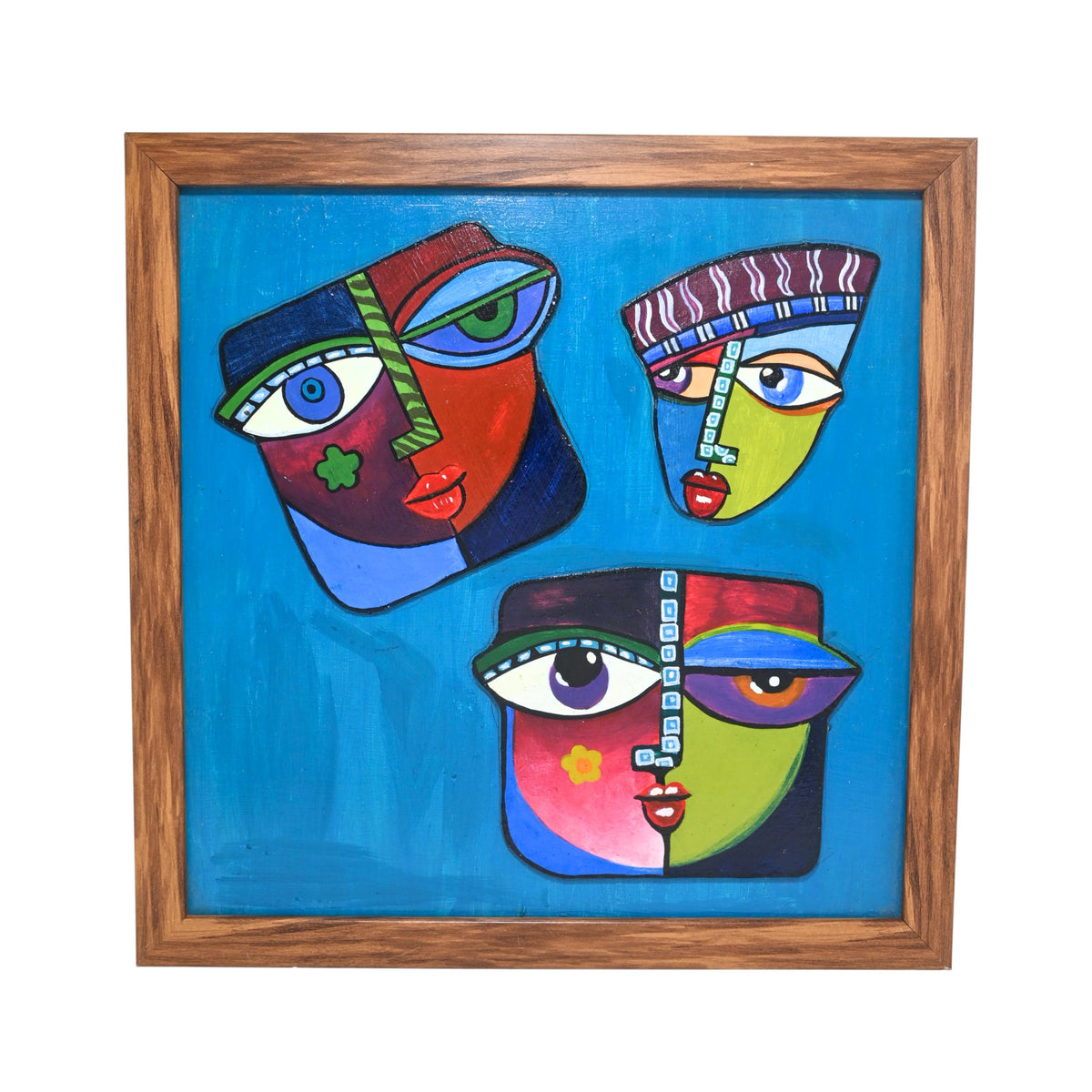 Indha Hand painted Abstract Faces Wall Art | Multicolour Décor with Repurposed Wood Frame & Vegan Leather Back | Artistic Wall Accent Wood Applique