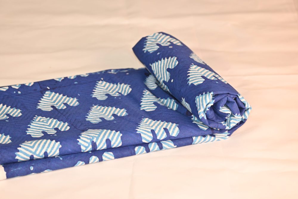 Blue And White Temple Design Motif Navy Blue Cotton Fabric