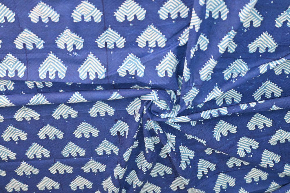 Blue And White Temple Design Motif Navy Blue Cotton Fabric